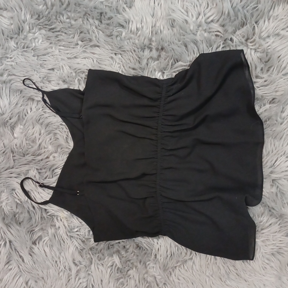 Naked Zebra black blouse, S Small cinch waist design, spaghetti straps - Picture 2 of 7